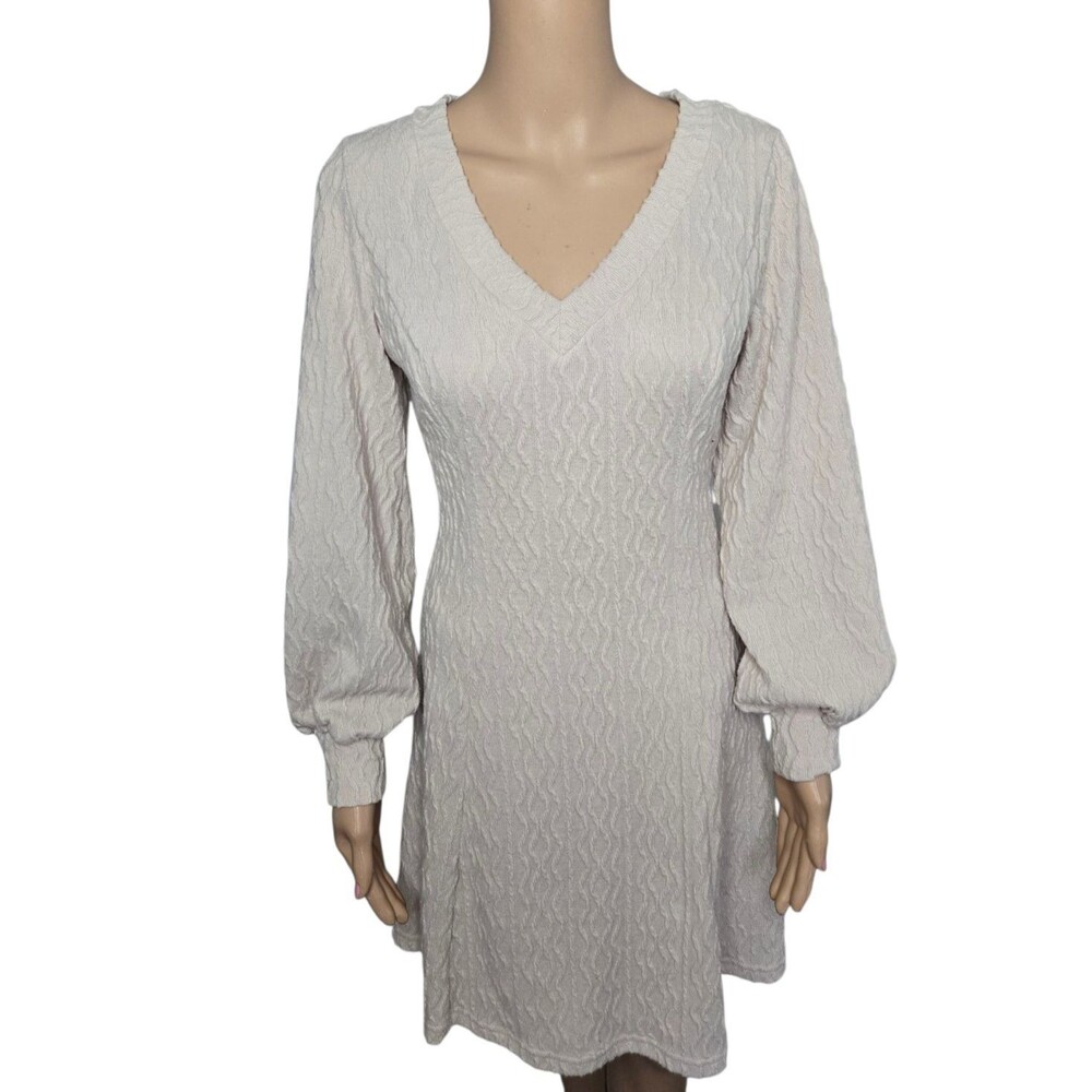 SHEIN Small knitted long sleeve beige sweaterdress v-neck fit and flare